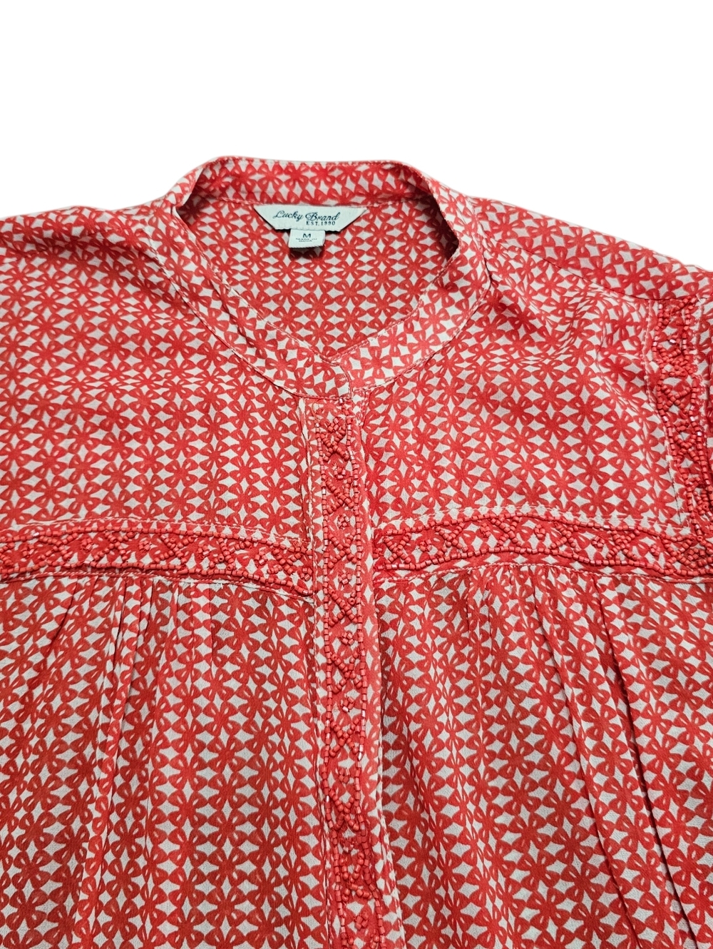 Lucky Brand Sheer Beaded Boho Peasant Blouse Orange Flowy Loose Womens Medium - Picture 3 of 12
